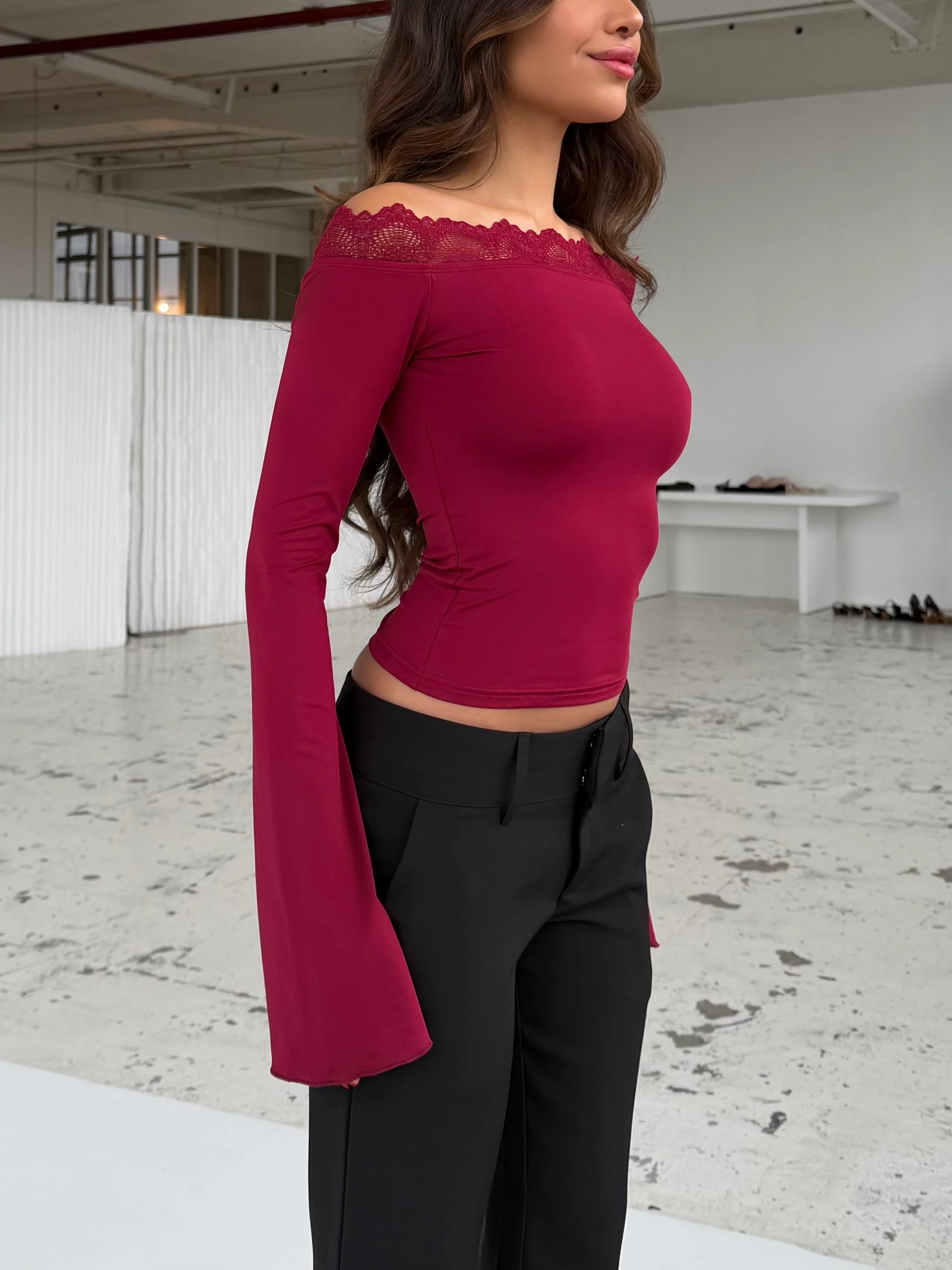 Bari Basic Lace Top – Dark Red  - Image 5