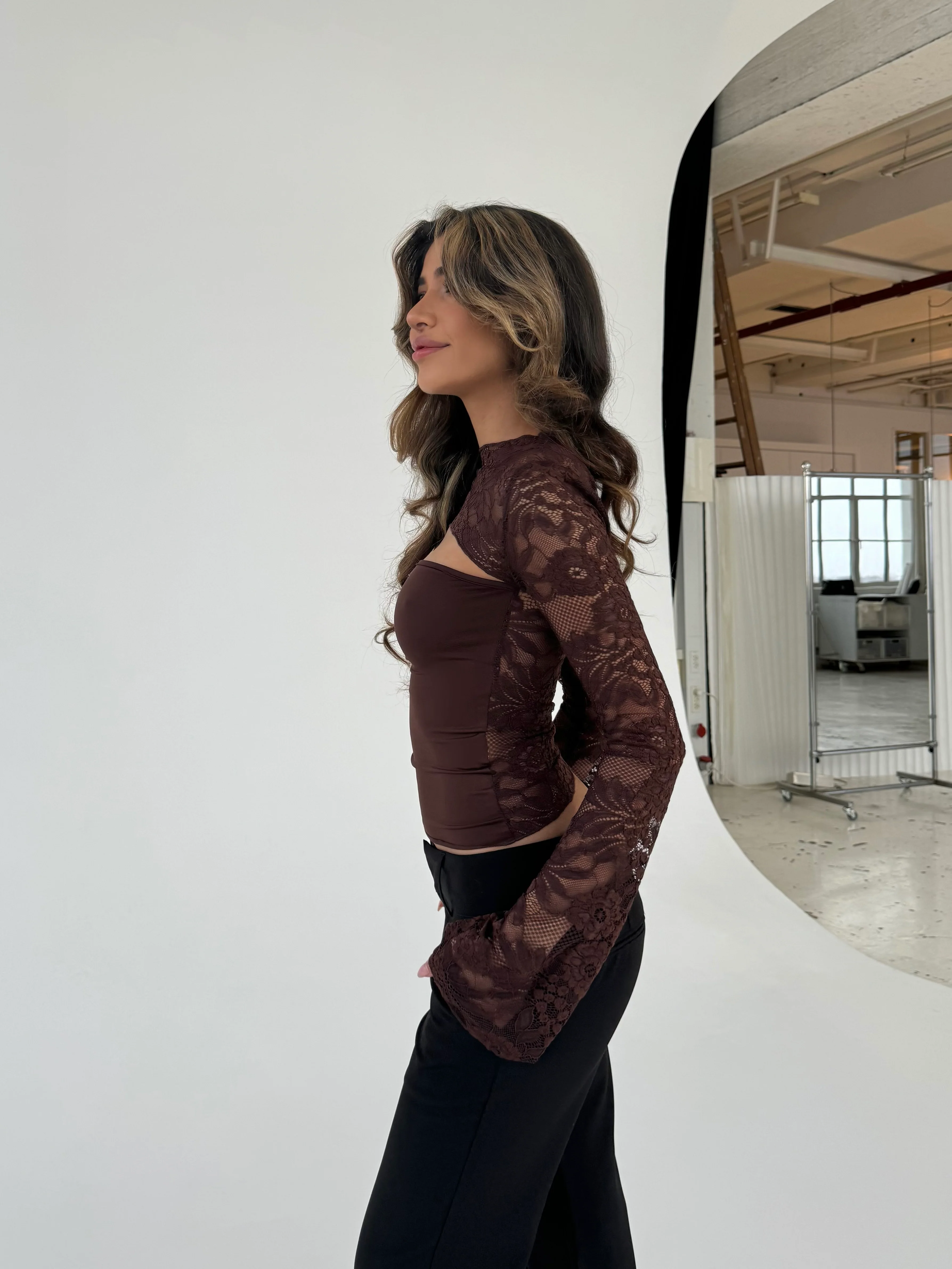 Lara lace long sleeve top - dark brown  - Image 4