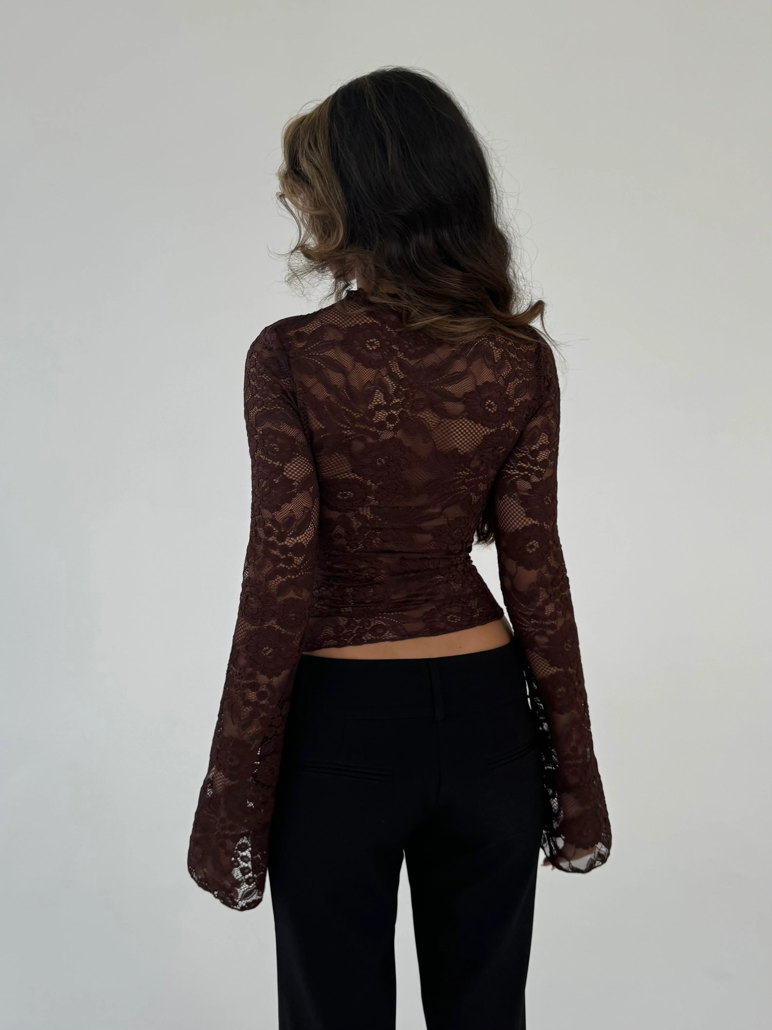 Lara lace long sleeve top - dark brown  - Image 5