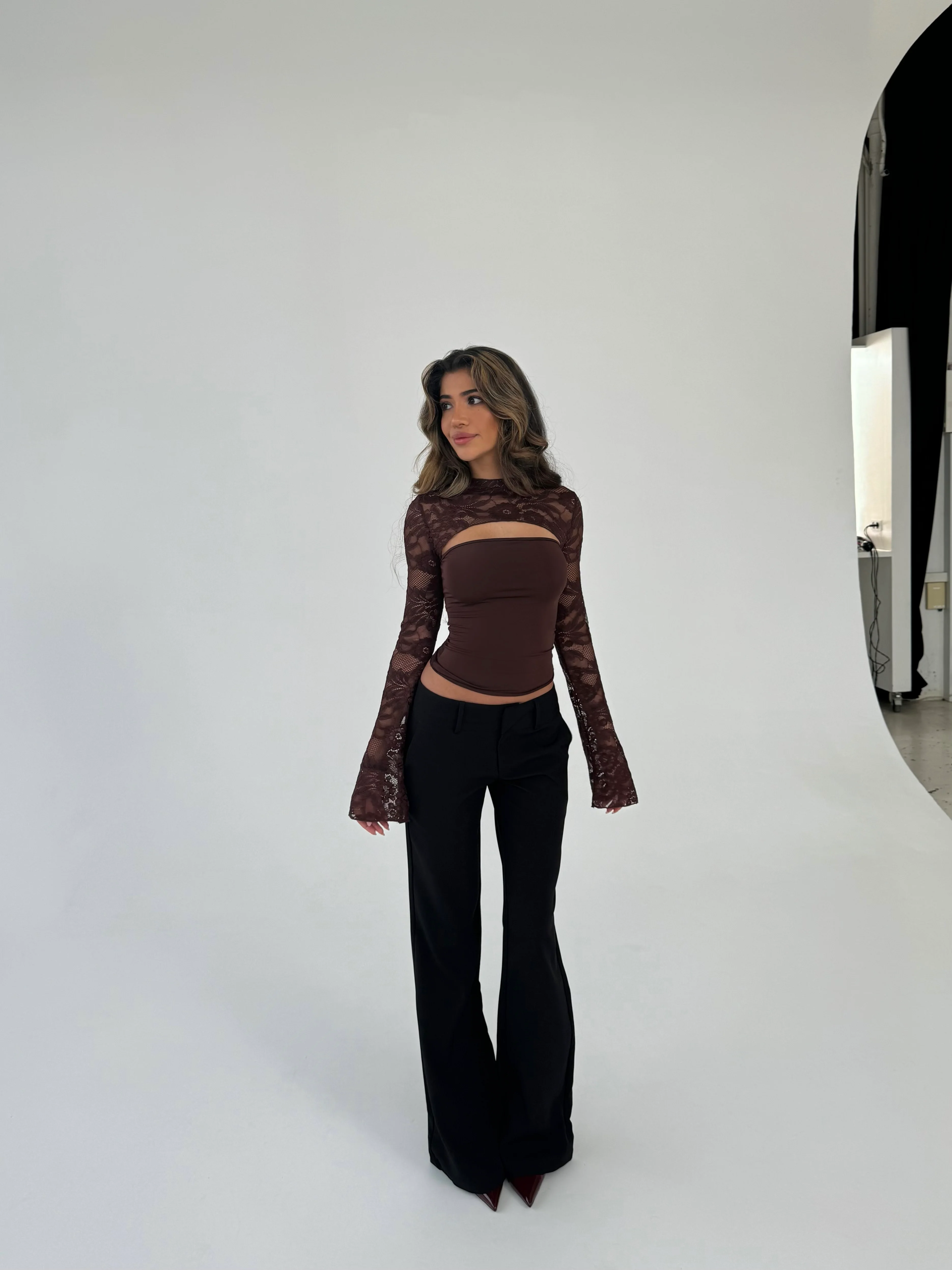 Lara lace long sleeve top - dark brown  - Image 6