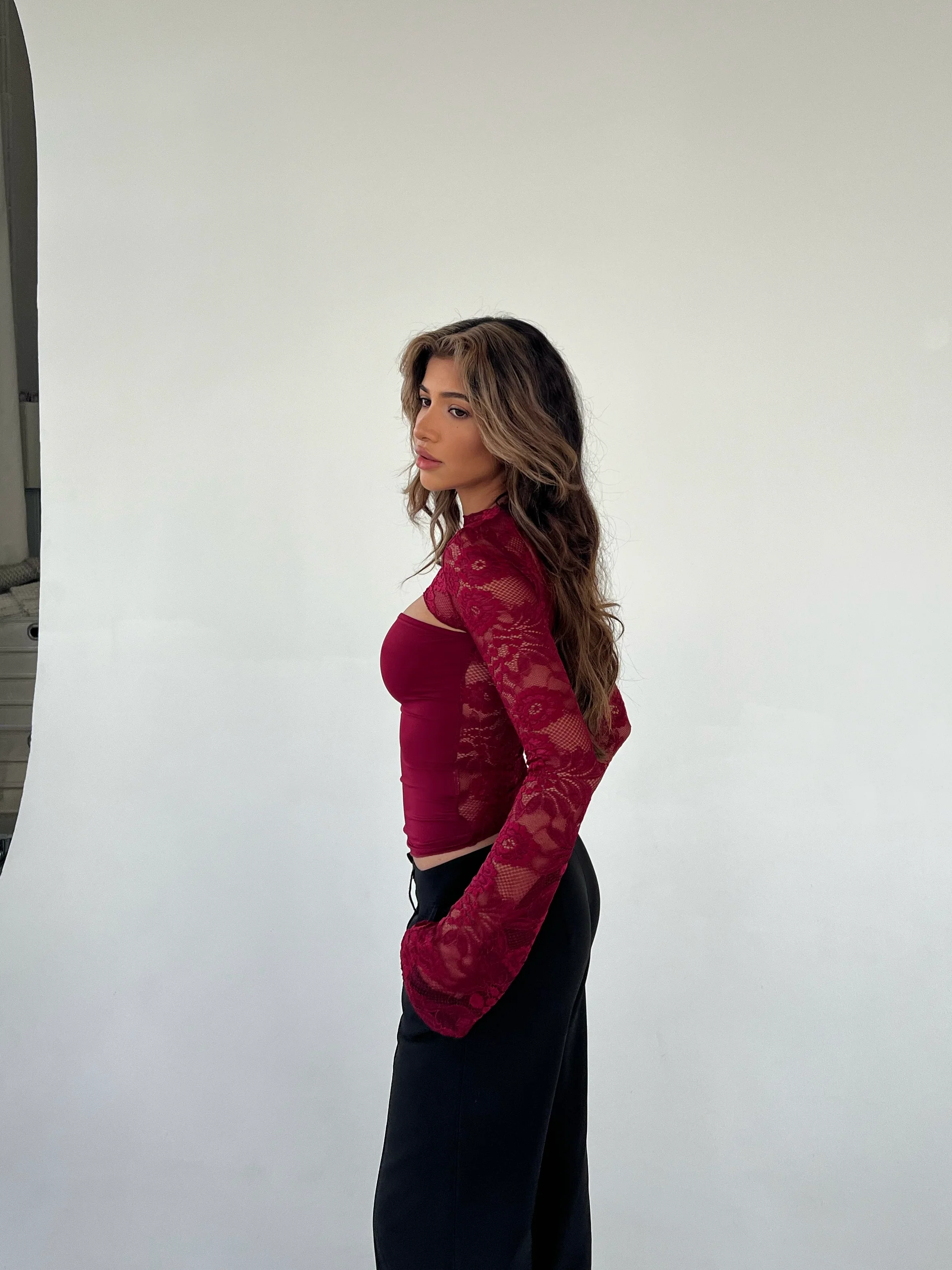 Lara lace long sleeve top - dark red  - Image 3