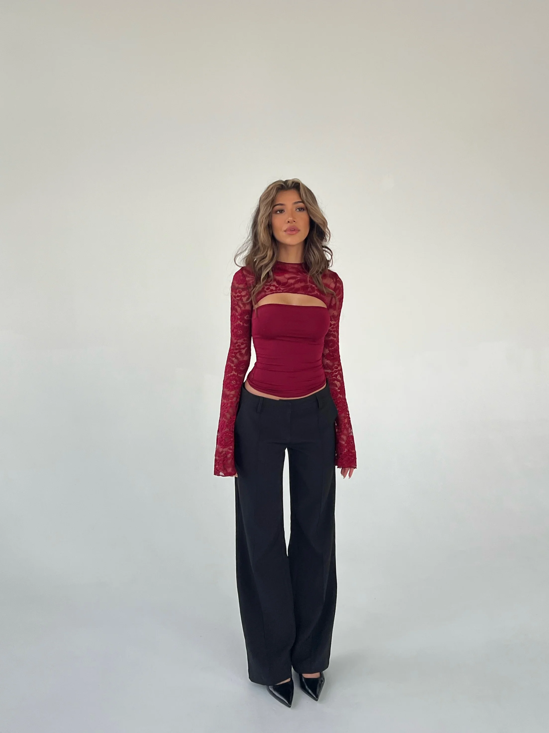 Lara lace long sleeve top - dark red  - Image 4