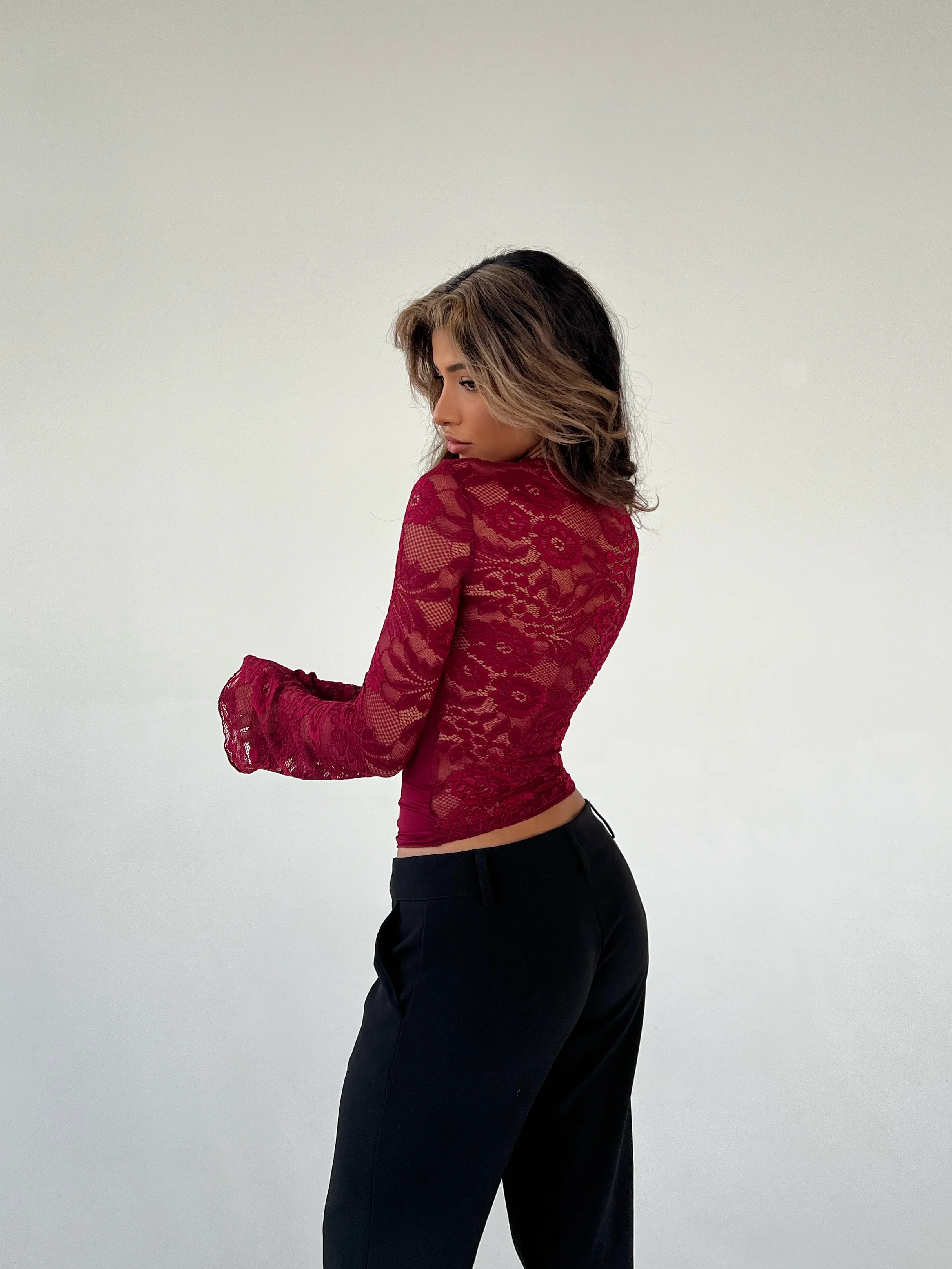 Lara lace long sleeve top - dark red  - Image 5