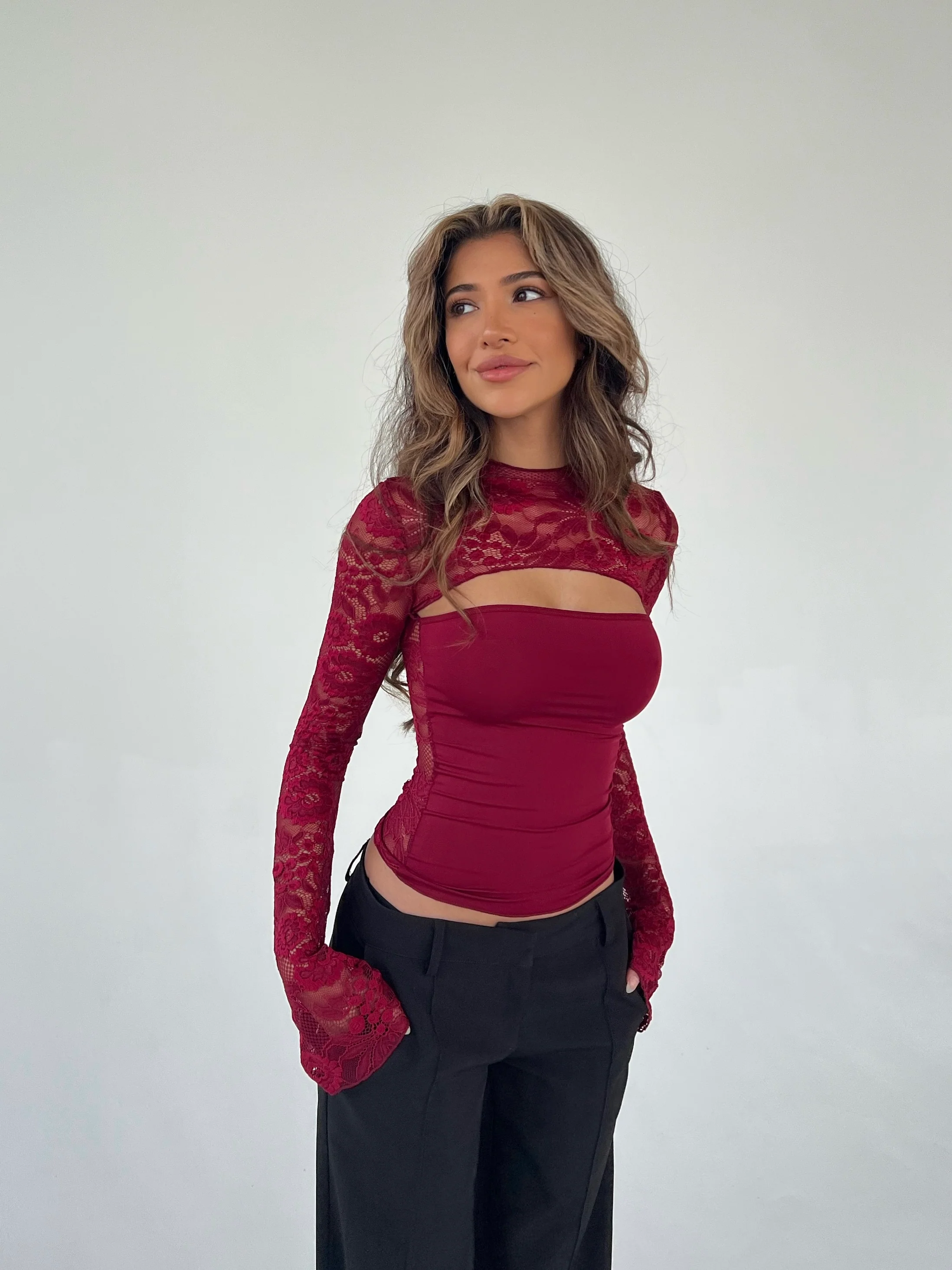 Lara lace long sleeve top - dark red  - Image 6
