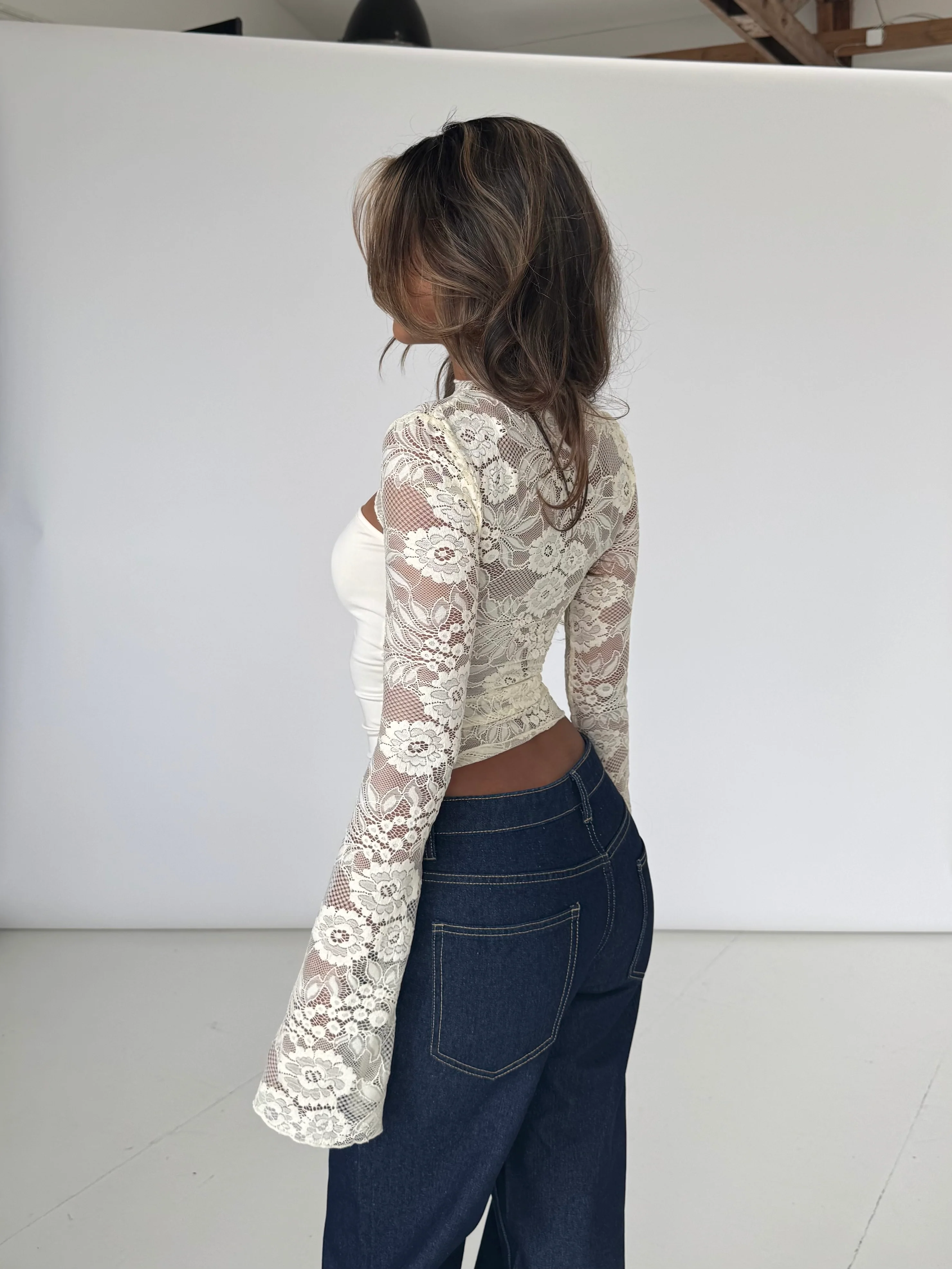 Lara lace long sleeve top - cream - Image 5