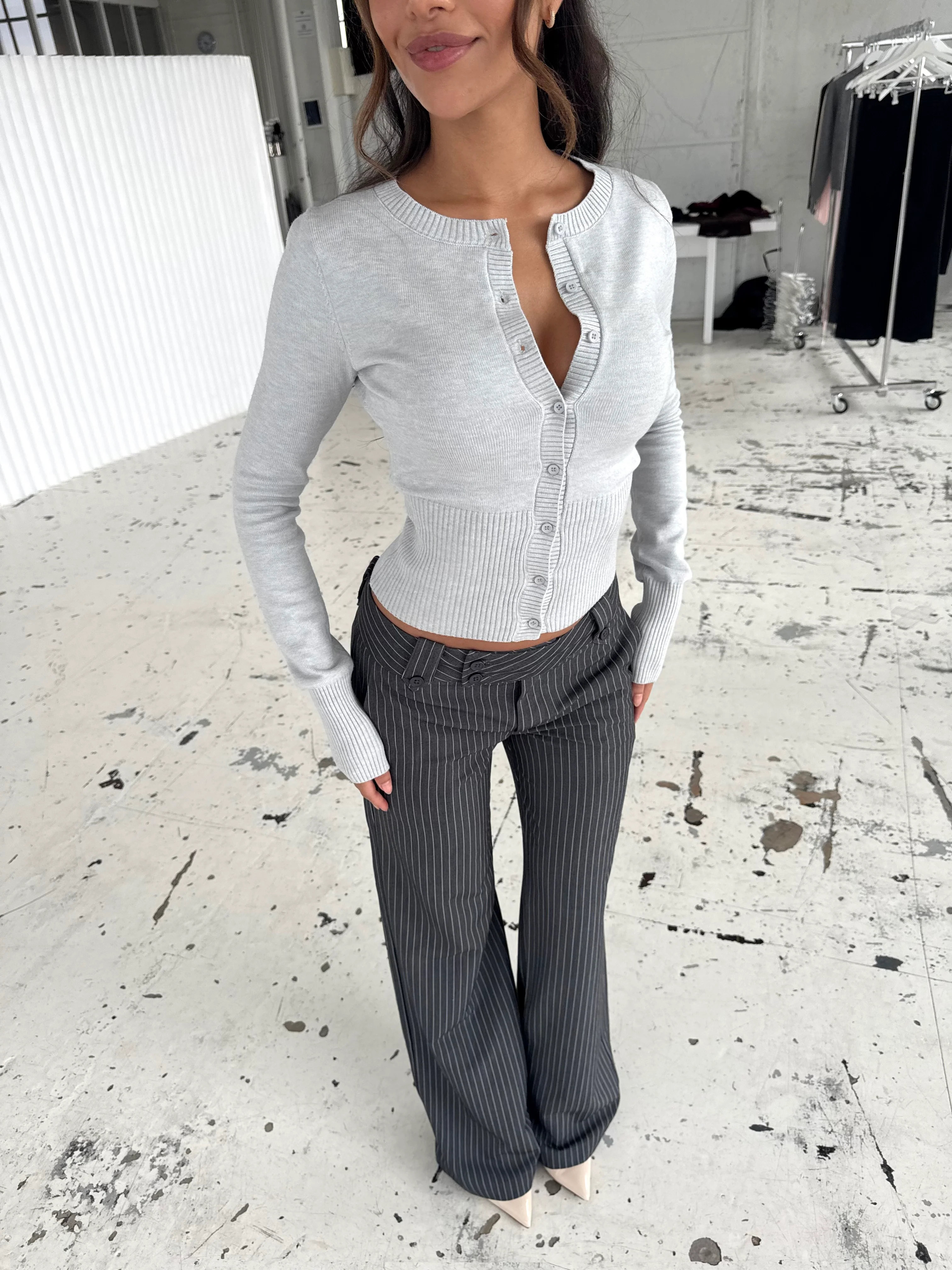 Button Low Waist Pants – Dark Grey Striped - Image 3