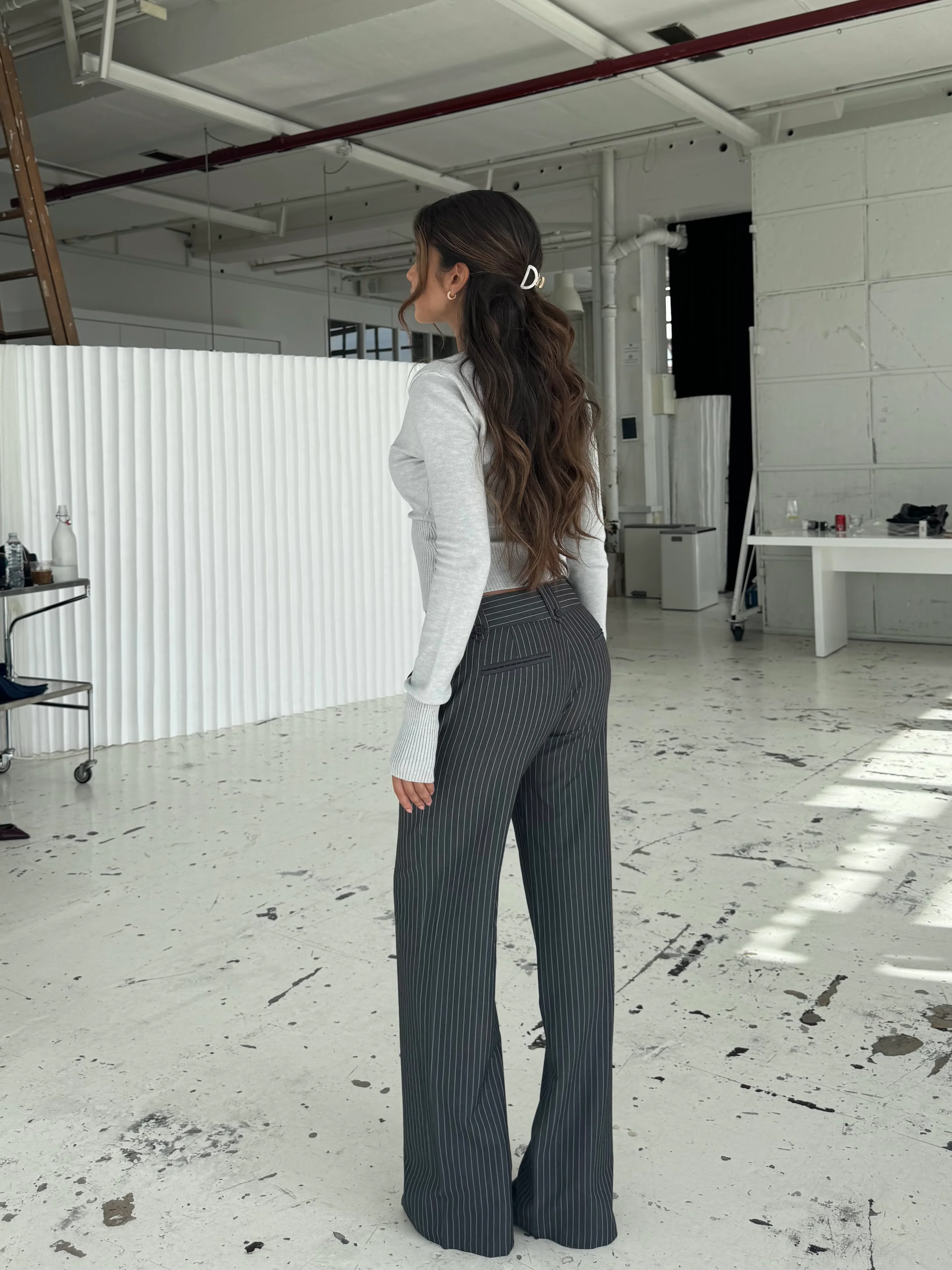 Button Low Waist Pants – Dark Grey Striped - Image 4