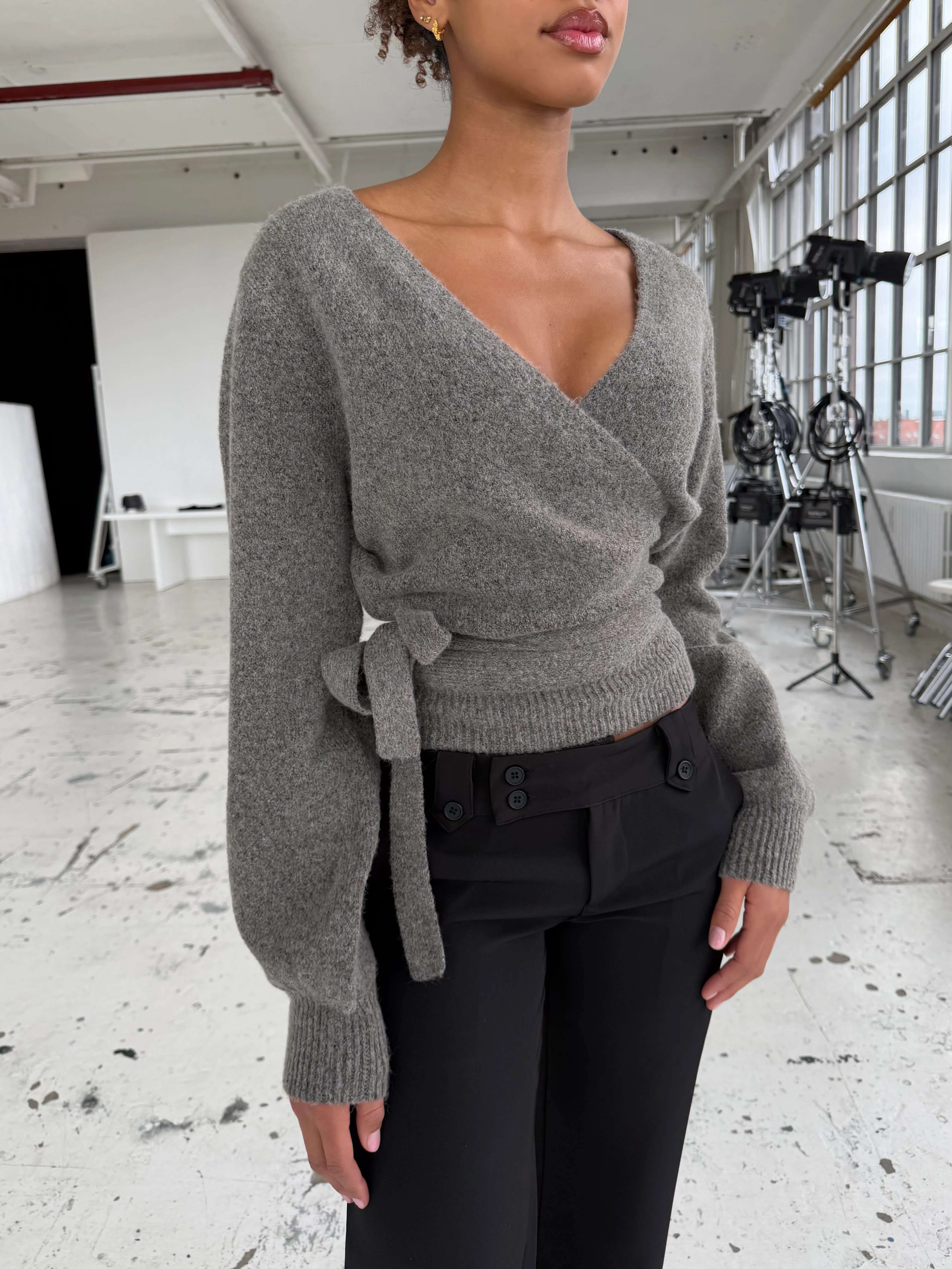 Wool blend wrap cardigan - Light grey/brown  - Image 4