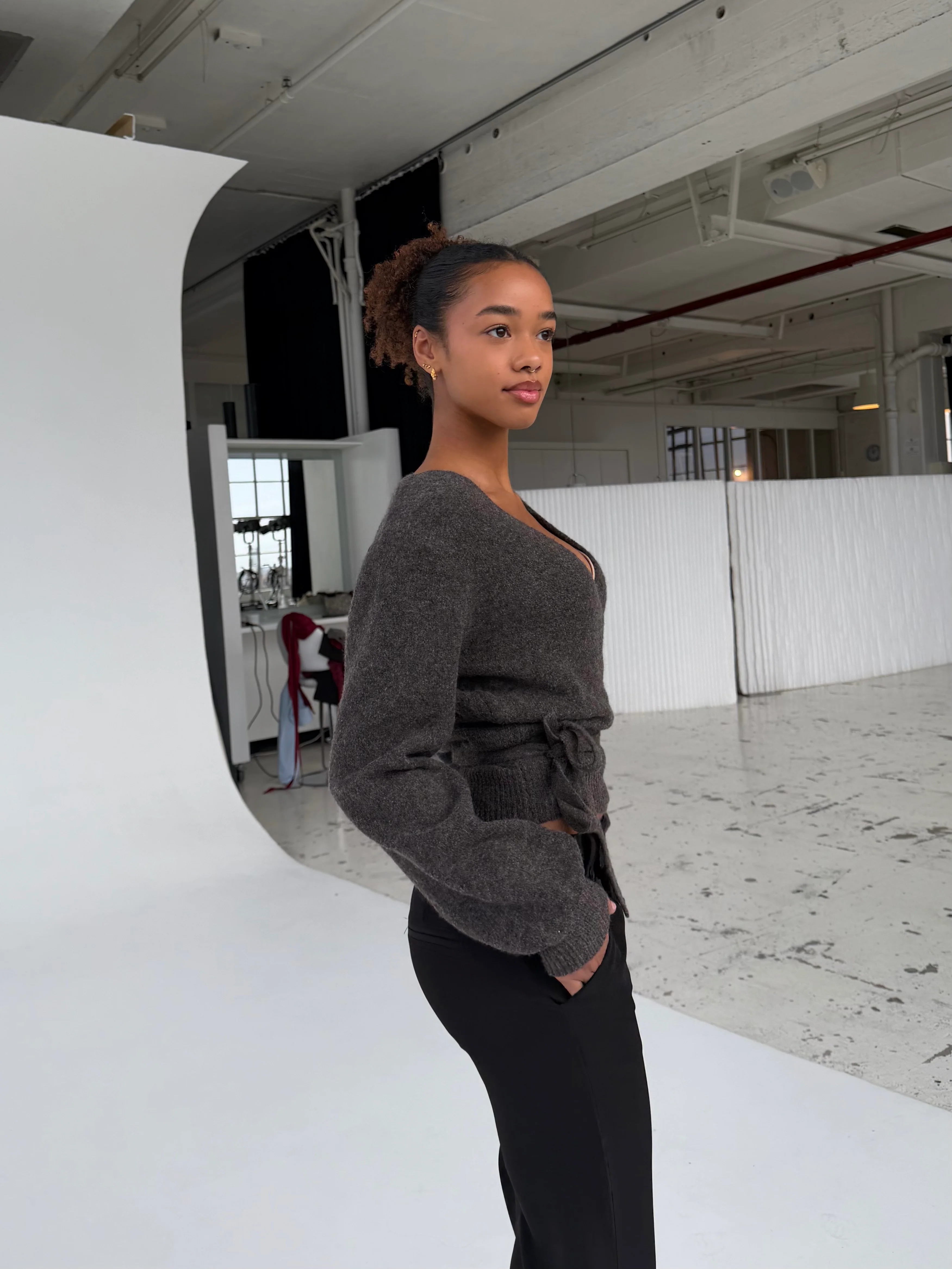 Wool blend wrap cardigan - Dark grey/brown - Image 3